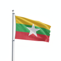 Myanmar flag waving from the pole in 1:1 aspect ration in white background. 
